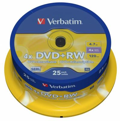 Диски DVD+RW 4.7Gb Verbatim 4x 25 шт Cake Box <43489>