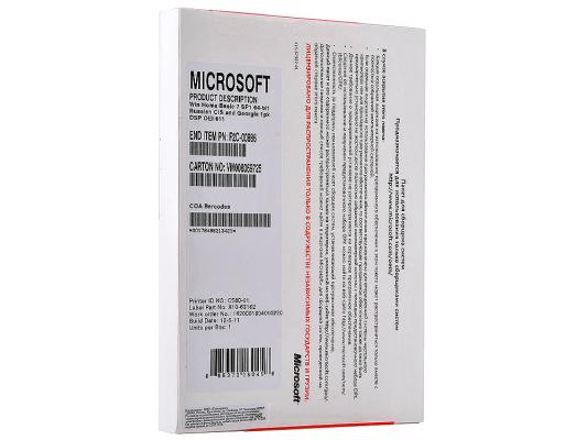 Право на использование MS Windows Home Basic 7 SP1 64-bit Russian Single package 1pk DSP OEI DVD F2C-00886/F2C-01531 продается только с установочным комплектом код 189516