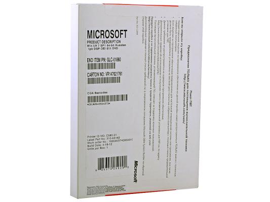 Установочный комплект MS Windows Ultimate 7 SP1 64-bit Russian 1pk DSP OEI DVD GLC-01860 продается только вместе с правом на использование код 189527