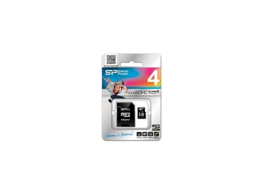 Карта памяти Micro SDHC 4Gb Class 4 Silicon Power+ 1 Adapter SP004GBSTH004V10-SP