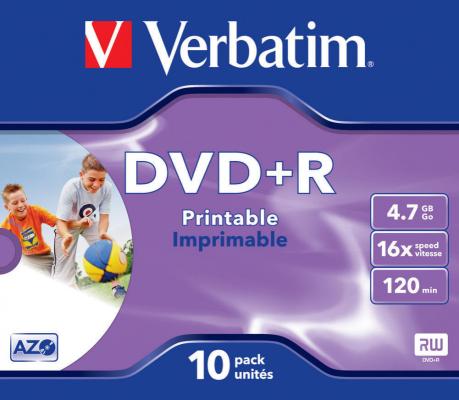 Диски DVD+R 16x 4.7Gb Jewel 10 Printable Verbatim 43508