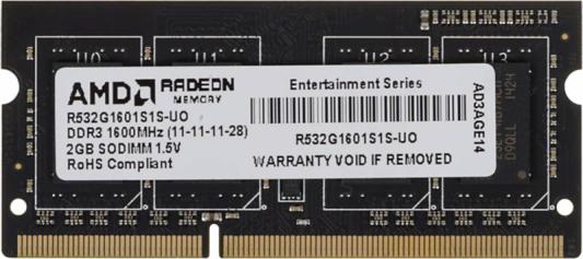 Оперативная память для ноутбука 2Gb (1x2Gb) PC3-12800 1600MHz DDR3 SO-DIMM CL11 AMD R532G1601S1S-UO оперативная память для ноутбуков so ddr3 2gb pc10600 1333mhz amd r332g1339s1s uo oem