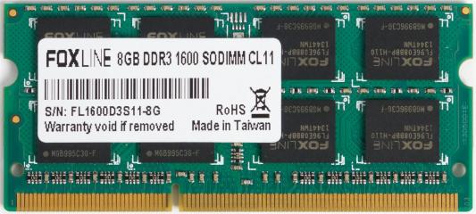 Оперативная память для ноутбука 8Gb (1x8Gb) PC3-12800 1600MHz DDR3 SO-DIMM CL11 Foxline FL1600D3S11-8G CL11