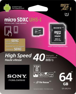 Карта памяти Micro SDXC 64Gb Class 10 Sony SR64UYAT1 + адаптер