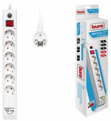 Сетевой фильтр BURO BU-SP1.8_USB_2A-W белый 6 розеток 1.8 м