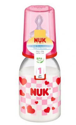 Бутылочка для кормления NUK Бутылочка пластиковая с силиконовой соской для молока 110 мл с рождения розовый