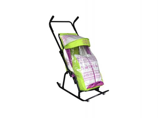 Санки-коляска RT Герда 4-Р3 Скандинавский узор с 4 колесиками до 50 кг салатовый белый фиолетовый сталь