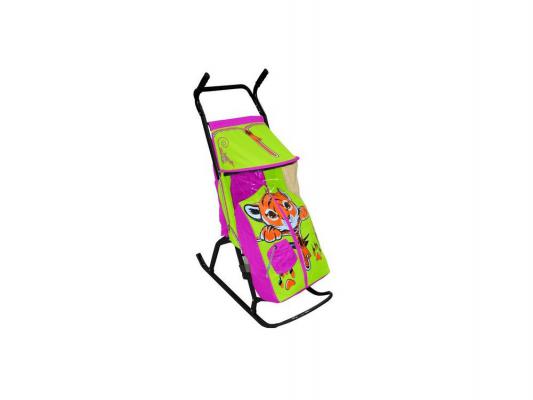 Санки-коляска RT Снегурочка 4-Р Тигренок с 4 колесиками до 50 кг салатовый розовый сталь