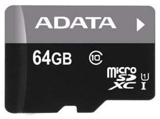 Карта памяти Micro SDXC 64Gb Class 10 A-Data AUSDX64GUICL10-RA1 + адаптер SD