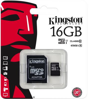 Карта памяти Micro SDHC 16GB Class 10 Kingston SDC10G2/16GB + адаптер