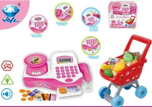Игровой набор Shantou Gepai Супермаркет с кассой и тележкой, розовый, аксесс., свет, звук 66053