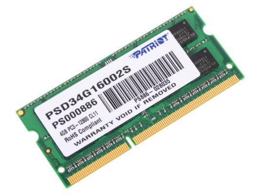 Оперативная память для ноутбука 4Gb (1x4Gb) PC3-12800 1600MHz DDR3 SO-DIMM CL11 Patriot Signature Line PSD34G16002S