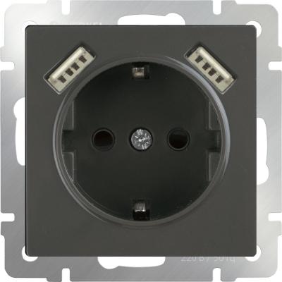 Розетка с заземлением, шторками и USBx2 серо-коричневая WL07-SKGS-USBx2-IP20 4690389073229